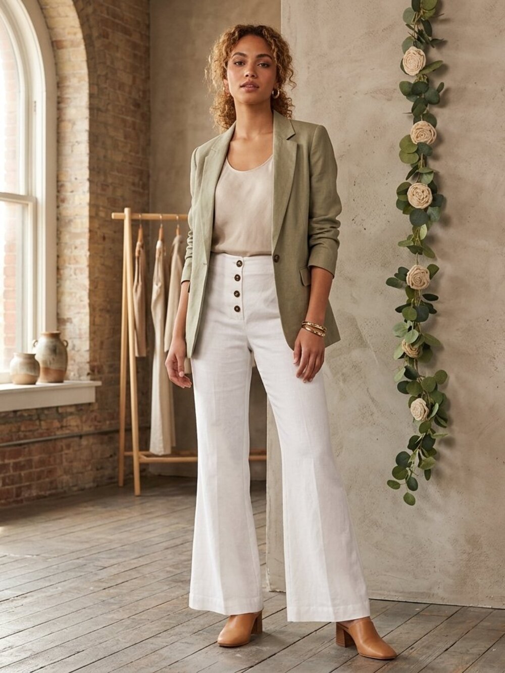 VERSONA Linen Blend Pants In White